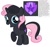 Size: 640x600 | Tagged: safe, artist:fizzled_kitty, edit, sweetie belle, pony, unicorn, g4, alternate color palette, alternate cutie mark, alternate design, black fur, blue eyes, cutie mark, female, filly, foal, google translate, grin, horn, implied apple bloom, implied rarity, implied scootaloo, raised hoof, recolor, reference sheet, simple background, smiling, solo, standing, white background