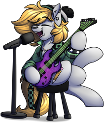 Size: 1544x1829 | Tagged: safe, artist:notetaker, oc, oc:sketchy shades, pony, electric guitar, guitar, hat, microphone, musical instrument, piercing, sitting, solo, stool