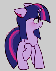 Size: 688x872 | Tagged: safe, artist:cutiesparke, twilight sparkle, pony, unicorn, g4, blushing, chest fluff, female, floppy ears, frown, gray background, hoof heart, lightly watermarked, looking right, raised hoof, simple background, solo, underhoof, unicorn twilight, watermark