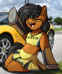 Size: 834x1000 | Tagged: safe, artist:notetaker, oc, oc only, oc:notetaker, earth pony, semi-anthro, belly, blurry background, cheerleader, cheerleader outfit, clothes, glasses, kneeling, lotus (car), lotus elise, outdoors, race queen, real life background, round belly, skirt, solo, waving