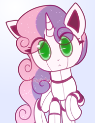 Size: 1020x1322 | Tagged: safe, artist:cutiesparke, sweetie belle, pony, robot, robot pony, unicorn, g4, :<, blue background, cute, diasweetes, eye clipping through hair, female, foal, gradient background, green eyes, horn, lightly watermarked, looking at you, raised hoof, solo, sweetie bot, watermark