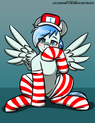 Size: 3169x4093 | Tagged: safe, artist:jcosneverexisted, oc, oc only, oc:sports news, pegasus, pony, blushing, clothes, commission, gradient background, hat, heart, heart eyes, looking at you, male, socks, solo, stallion, striped socks, wingding eyes, ych result