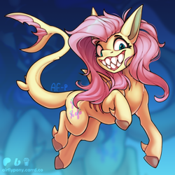 Size: 1600x1600 | Tagged: safe, artist:airfly-pony, fluttershy, original species, shark, shark pony, collaboration:bestiary of fluttershy, g4, 2023, bubble, collaboration, concave belly, digital art, dorsal fin, fangs, female, fin, fins, fish tail, flowing mane, flowing tail, gills, grin, leg fins, looking at you, mare, ocean, sharkified, sharp teeth, signature, smiling, species swap, swimming, tail, teeth, underwater, water