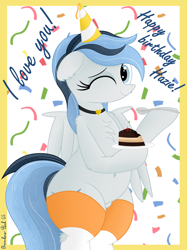 Size: 2776x3708 | Tagged: safe, artist:rainbowšpekgs, oc, oc only, oc:haze northfleet, pegasus, pony, g4, bipedal, birthday, cake, chest fluff, choker, chubby, clothes, confetti, cute, female, food, happy, hat, mare, one eye closed, party hat, plate, smiling, socks, spread wings, standing, wings