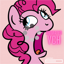 Size: 1080x1080 | Tagged: safe, artist:lannielona, pinkie pie, earth pony, pony, advertisement, animated, buffering, bust, commission, derp, didney worl, faic, female, freeze frame, gif, loading, loading screen, mare, open mouth, portrait, silly, silly pony, solo, ych example, your character here