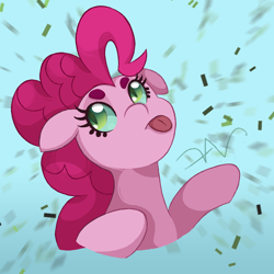 Size: 1200x1200 | Tagged: safe, artist:swasfews, pinkie pie, queen chrysalis, earth pony, pony, confetti, disguise, disguised changeling, eyeroll, solo, tongue out