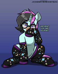 Size: 3169x4093 | Tagged: safe, artist:jcosneverexisted, oc, oc only, pony, unicorn, blushing, clothes, commission, female, horn, looking at you, mare, socks, solo, text, ych result