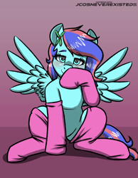 Size: 3169x4093 | Tagged: safe, artist:jcosneverexisted, oc, oc only, pegasus, pony, blushing, clothes, commission, femboy, gradient background, heart, heart eyes, looking at you, male, socks, solo, stallion, wingding eyes, ych result
