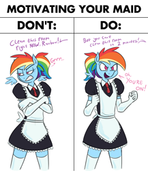 Size: 2658x3068 | Tagged: safe, artist:moonatik, rainbow dash, pegasus, anthro, g4, apron, clothes, dress, evening gloves, excited, female, floating wings, gloves, grumpy, long gloves, maid, ponytail, rainbow maid, reverse psychology, simple background, socks, solo, tomboy, white background, wings