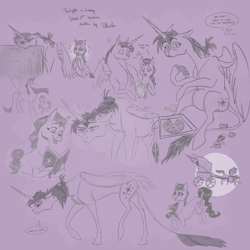 Size: 2000x2000 | Tagged: safe, artist:skaiiravenom, sunny starscout, twilight sparkle, alicorn, earth pony, pony, g5, alternate universe, alternative universe, art dump, blanket, dialogue, digital drawing, earth pony magic, eating, exclamation point, flower, food, hoof hold, interrobang, leonine tail, magic, messy mane, monochrome, older, older twilight, parody, pizza, pulling, question mark, reference, size difference, sketch, sketch dump, speech bubble, sunny and her heroine, tail, twilight sparkle (alicorn)
