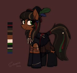 Size: 2940x2785 | Tagged: safe, artist:selenophile, oc, oc only, unnamed oc, pony, adoptable, bracelet, brown background, eyeliner, eyeshadow, hat, jewelry, lidded eyes, looking back, makeup, reference sheet, simple background, smiling, solo