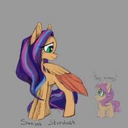 Size: 5400x5400 | Tagged: safe, artist:ailatf, sunny starscout, oc, oc:sunset stardust, earth pony, pegasus, pony, g5, 2022, dialogue, duo, duo female, female, filly, filly sunny starscout, foal, folded wings, g5 oc, gray background, mare, mother and child, mother and daughter, simple background, smiling, solo focus, sunny starscout's mom, tail, wings, younger