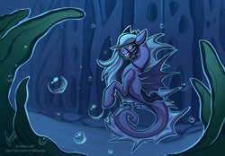 Size: 2360x1640 | Tagged: safe, artist:stirren, sea pony, bridle, bubble, ears up, harness, hooves, looking at you, mermay, saddle, seaweed, tack, underwater, water