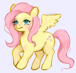 Size: 2048x1960 | Tagged: safe, artist:plebliung, fluttershy, pegasus, pony, g4, female, flowing mane, flowing tail, green eyes, mare, pink background, pink mane, pose, raised leg, signature, simple background, smiling, solo, spread wings, tail, wings, yellow coat