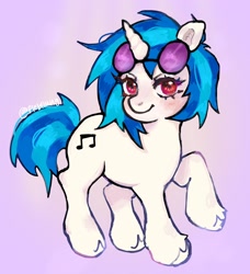 Size: 1866x2048 | Tagged: safe, artist:plebliung, dj pon-3, vinyl scratch, pony, unicorn, g4, female, glasses, glowing, horn, looking at you, mare, pink background, pose, raised leg, red eyes, signature, simple background, smiling, smiling at you, solo, tail, two toned mane, two toned tail, unshorn fetlocks, vinyl's glasses