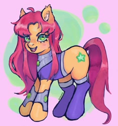 Size: 1926x2048 | Tagged: safe, artist:plebliung, pony, armor, armored pony, bracelet, crossover, dc comics, ear fluff, female, flowing mane, flowing tail, green eyes, jewelry, looking at you, mare, necklace, orange coat, pink background, ponified, red mane, red tail, simple background, smiling, smiling at you, starfire, superhero, superhero costume, tail, teen titans
