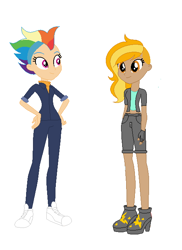 Size: 502x690 | Tagged: safe, artist:frankta1, artist:selenaede, lightning dust, rainbow dash, human, alternate hairstyle, base used, boots, clothes, dark skin, duo, duo female, female, fingerless gloves, gloves, high heel boots, humanized, jacket, lesbian, midriff, mowhawk, older, older rainbow dash, ship:rainbowdust, shipping, shoes, shorts, simple background, sneakers, tank top, white background