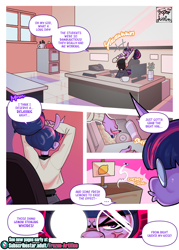 Size: 2000x2800 | Tagged: safe, artist:frozenartifice, twilight sparkle, fly, insect, unicorn, anthro, comic:princess celestia with a dick!, g4, alternate hairstyle, arm behind head, breasts, busty twilight sparkle, classroom, clothes, comic, denim, dialogue, female, glasses, hair bun, high res, jeans, lemon stealing whore, mare, meme, pants, round glasses, solo, stretching, unicorn twilight, vial