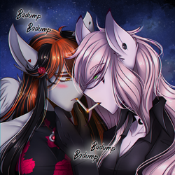 Size: 2000x2000 | Tagged: safe, artist:carbutt69, oc, oc only, oc:cannon car, oc:pinky, pegasus, anthro, blushing, breasts, cigarette kiss, cleavage, ear piercing, earring, face to face, female, heartbeat, jewelry, lesbian, mafia, multicolored mane, night, night sky, piercing, sky, wings
