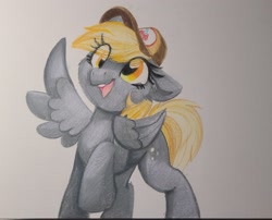 Size: 2810x2268 | Tagged: safe, artist:lbrcloud, derpy hooves, pegasus, pony, g4, hat, mailmare hat, raised hoof, smiling, solo, traditional art, waving