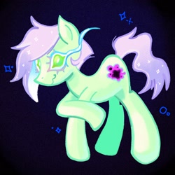 Size: 2048x2048 | Tagged: safe, artist:chipchapp, oc, oc only, oc:atlanta georgia, earth pony, pony, abstract background, colored eyebrows, colored eyelashes, earth pony oc, ethereal mane, female, gift art, green coat, green eyes, high res, mare, mint coat, purple mane, purple tail, raised hoof, short mane, smiling, solo, sparkly mane, sparkly tail, standing, starry mane, starry tail, tail, textured background, unusual pupils, wavy mouth, wide eyes