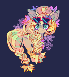 Size: 761x850 | Tagged: safe, artist:cutesykill, applejack, earth pony, pony, g4, ahoge, alternate accessories, alternate hairstyle, alternate tailstyle, big ears, big eyes, blonde mane, blonde tail, blue background, braid, braided ponytail, braided tail, colored eyelashes, colored pinnae, ear piercing, earring, female, flower, freckles, glasses, green eyes, hat, heart shaped glasses, jewelry, long mane, long tail, looking at you, mare, navy background, orange coat, piercing, ponytail, shrunken pupils, simple background, smiling, smiling at you, solo, standing, straw hat, sunglasses, sunglasses on head, tail, thick eyelashes, tied mane, tied tail, vacation, wingding eyes