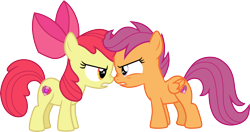 Size: 5695x3000 | Tagged: safe, artist:cloudy glow, apple bloom, scootaloo, earth pony, pegasus, pony, g4, .ai available, absurd resolution, angry, apple bloom's bow, bow, duo, duo female, female, filly, foal, hair bow, simple background, stare, transparent background, vector