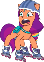 Size: 561x798 | Tagged: safe, edit, edited screencap, editor:pascalmulokozi2, screencap, sunny starscout, earth pony, g5, my little pony: tell your tale, background removed, female, helmet, mane stripe sunny, mare, not a vector, open mouth, roller skates, skates, solo