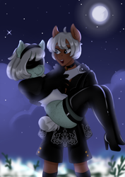 Size: 1240x1754 | Tagged: safe, artist:inconfortable, oc, oc only, oc:daito, earth pony, unicorn, anthro, 2b, clothes, cosplay, costume, horn, moon, nier: automata, night