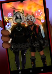 Size: 1240x1754 | Tagged: safe, artist:inconfortablee, oc, oc only, oc:daito, earth pony, unicorn, anthro, 2b, 9s, clothes, cosplay, costume, duo, horn, nier: automata, phone