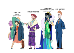 Size: 1761x1258 | Tagged: safe, artist:bixels, coco pommel, coloratura, suri polomare, svengallop, human, the grand galloping 20s, alternate name, arm behind back, briefcase, clothes, coat, countess coloratura, dress, female, gloves, grin, hand on hip, humanized, light skin, looking at you, male, name, natural hair color, simple background, smiling, smiling at you, suit, sweat, veil, white background