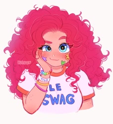 Size: 1866x2048 | Tagged: safe, artist:strawbee_fox, pinkie pie, human, g4, blushing, bracelet, bust, clothes, curly hair, female, humanized, jewelry, looking at you, shirt, simple background, smiling, smiling at you, solo, sticker, swag, t-shirt, watermark, white background, wristband, yolo