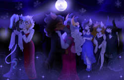 Size: 4599x2953 | Tagged: safe, oc, oc only, oc:daito, oc:indigo night, oc:princess coke, oc:scorpia, earth pony, pegasus, unicorn, anthro, clothes, dancing, dress, female, horn, horns, kissing, male, moon, night