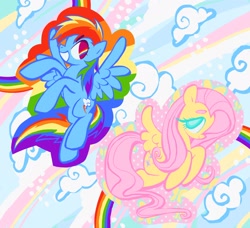 Size: 2048x1866 | Tagged: safe, fluttershy, rainbow dash, pegasus, pony, g4, cloud, colorful, duo, duo female, female, flying, rainbow, smiling