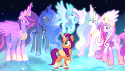 Size: 1280x720 | Tagged: safe, artist:hamatolima, princess cadance, princess celestia, princess flurry heart, princess luna, sunny starscout, twilight sparkle, alicorn, pony, g4, g5, adult flurry heart, alicorn pentarchy, armor, armored pony, artificial horn, artificial wings, augmented, blue coat, coat markings, concave belly, crown, detailed background, ethereal mane, female, flowing mane, flying, generation leap, glowing, glowing body, glowing horn, height difference, horn, jewelry, lidded eyes, long horn, looking at each other, looking at someone, magic, magic horn, magic wings, mane stripe sunny, mare, multiple characters, older, older flurry heart, older twilight, older twilight sparkle (alicorn), physique difference, pink coat, princess twilight 2.0, purple coat, race swap, raised hoof, regalia, signature, slender, smiling, smiling at someone, socks (coat markings), sparkles, spirit, spread wings, standing, standing on two hooves, sunny and her heroine, sunnycorn, tail, tall, thin, twilight sparkle (alicorn), two toned mane, two toned tail, unshorn fetlocks, white coat, wings