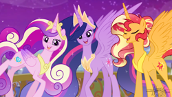 Size: 1280x720 | Tagged: safe, artist:hamatolima, princess cadance, sunset shimmer, twilight sparkle, alicorn, pony, g4, alicornified, concave belly, crown, depth of field, ethereal mane, ethereal tail, female, folded wings, jewelry, lidded eyes, long mane, long tail, mare, night, older, older princess cadance, older sunset, older twilight, older twilight sparkle (alicorn), open mouth, outdoors, peytral, princess twilight 2.0, race swap, raised hoof, regalia, shimmercorn, signature, sky, slender, spread wings, standing on two hooves, tail, tall, thin, trio, twilight sparkle (alicorn), wings, you'll play your part