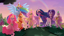 Size: 1280x720 | Tagged: safe, artist:hamatolima, applejack, fluttershy, pinkie pie, rainbow dash, rarity, spike, twilight sparkle, alicorn, dragon, pony, g4, the last problem, alicorn six, alicornified, alternate scenario, alternate universe, applecorn, backlighting, beautiful, best friends, colored, concave belly, crown, dusk, ethereal mane, ethereal tail, evening, everyone is an alicorn, female, fluttercorn, gigachad spike, good end, good ending, happy ending, hill, hoof shoes, horn, jewelry, lighting, long horn, long mane, long tail, mane six, mare, medal, meme, older, older applejack, older fluttershy, older pinkie pie, older rainbow dash, older rarity, older spike, older twilight, older twilight sparkle (alicorn), outdoors, parody, peytral, pinkiecorn, princess shoes, princess twilight 2.0, race swap, rainbow, rainbowcorn, raricorn, regalia, scene parody, shading, show accurate, signature, sitting, slender, standing, starry mane, starry tail, sunset, sweet apple acres, tail, tall, thanks m.a. larson, thin, tree, twilight sparkle (alicorn), victory, what if, winner