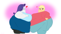 Size: 2560x1440 | Tagged: safe, artist:neongothic, applejack, rarity, human, equestria girls, g4, amplejack, applefat, bbw, belly, big belly, bingo wings, blushing, breasts, busty applejack, busty rarity, chubby cheeks, cross-popping veins, double chin, emanata, fat, fat boobs, fat fetish, female, fetish, floating heart, freckles, hand on hip, heart, holiday, huge belly, large butt, lesbian, morbidly obese, obese, raritubby, ship:rarijack, shipping, ssbbw, sweat, sweatdrop, too fat, valentine's day, weight gain