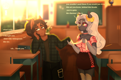 Size: 3312x2199 | Tagged: safe, artist:inconfortablee, oc, oc only, oc:daito, oc:scorpia, earth pony, anthro, bandage, classroom, duo, duo male and female, eyeshadow, female, flirting, horns, makeup, male, text