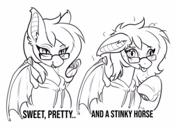 Size: 3282x2445 | Tagged: safe, artist:opalacorn, oc, oc only, bat pony, pony, bat pony oc, black and white, clothes, fangs, female, floppy ears, glasses, grayscale, hoodie, looking at you, mare, monochrome, simple background, solo, stink lines, tongue out, white background