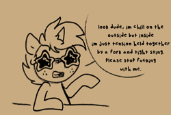 Size: 586x394 | Tagged: safe, artist:nootaz, oc, oc only, oc:nootaz, pony, unicorn, dialogue, female, freckles, horn, mare, monochrome, shaped sunglasses, solo, speech bubble, star sunglasses, sunglasses, talking to viewer