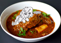 Size: 2700x1877 | Tagged: safe, artist:opalacorn, oc, oc only, pony, unicorn, commission, curry, descriptive noise, eating, female, food, heart, horn, irl, mare, meat, photo, ponies eating meat, ponies in food, ponies in real life, solo, tiny, tiny ponies, traditional art