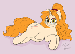 Size: 1500x1100 | Tagged: safe, alternate version, artist:jessijinx, oc, oc only, oc:golden jubilee, earth pony, pony, unicorn, 2024, dock, female, glasses, horn, looking at you, lying down, mare, milf, pink background, signature, simple background, solo, tail, unicorn oc