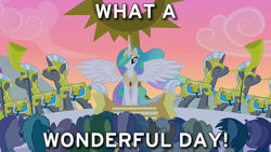 Size: 640x360 | Tagged: safe, edit, edited screencap, screencap, princess celestia, alicorn, earth pony, pegasus, pony, unicorn, g4, season 1, the cutie mark chronicles, caption, female, horn, image macro, male, mare, meme, movie quote, movie reference, planet of the apes, royal guard, stallion, summer sun celebration, text