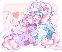 Size: 2253x1878 | Tagged: safe, artist:applepums, oc, oc only, oc:chérie bunny, oc:frosted cherry, pegasus, pony, unicorn, :3, abstract background, blushing, bow, cake, cherry, cloud, colored, colored belly, colored hooves, colored pinnae, colored wings, colored wingtips, commission, couple, curly mane, curly tail, cute, dashed line, duo, duo female, ear blush, female, floating heart, food, green bow, green eyes, heart, heart ears, heart mark, horn, hug, lesbian, long mane, long tail, looking at each other, looking at someone, mare, mint coat, oc x oc, ocbetes, one eye closed, open mouth, open smile, outline, pale belly, partially open wings, pegasus oc, pink bow, pink hooves, pink mane, pink tail, purple coat, purple eyes, raised hoof, shiny mane, shipping, signatured, sitting, smiling, smiling at each other, tail, tail bow, tied tail, tri-color mane, tri-colored mane, tri-colored tail, tricolored mane, tricolored tail, two toned mane, two toned tail, two toned wings, unicorn horn, unicorn oc, unshorn fetlocks, wingding eyes, wings