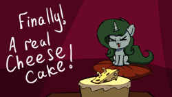 Size: 1280x720 | Tagged: safe, artist:darbedarmoc, oc, oc only, oc:minerva, pony, unicorn, animated, birthday, cake, cheesecake, chibi, cute, cute little fangs, fangs, food, gif, happy, horn, pillow, solo