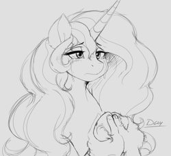 Size: 1598x1459 | Tagged: safe, artist:thelunarmoon, princess celestia, alicorn, human, pony, bust, crying, cute, cutelestia, female, gray background, grayscale, holding hooves, mare, monochrome, offscreen character, sad, sadorable, simple background, solo focus, unshorn fetlocks, white background