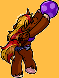 Size: 1507x1980 | Tagged: safe, artist:sexygoatgod, oc, oc only, oc:dawn chaser, alicorn, pony, semi-anthro, alicorn oc, beach ball, clothes, commission, daisy dukes, horn, shorts, solo, tube top, wings