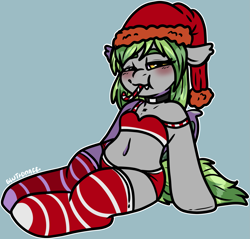 Size: 1833x1754 | Tagged: oc name needed, safe, artist:sexygoatgod, oc, oc only, bat pony, pony, semi-anthro, bra, bra on pony, candy, candy cane, christmas, clothes, commission, eating, fangs, female, food, hat, holiday, looking at you, mare, one eye closed, panties, santa hat, simple background, socks, solo, thigh highs, underwear, wink, winking at you