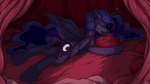 Size: 2400x1344 | Tagged: safe, alternate version, artist:blackkaries, princess luna, alicorn, pony, g4, bed, butt, chest fluff, cute, drool, ear fluff, eyebrows, eyes closed, female, fluffy, freckles, horn, leg fluff, lunabetes, lying down, lying on bed, mare, moonbutt, morning ponies, on bed, open mouth, pillow, plot, prone, sleeping, sleepy, solo, sploot, tail, tongue out, wings